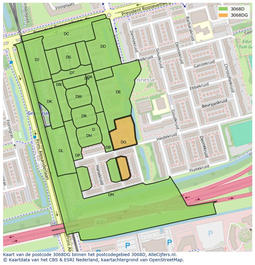 Afbeelding van het postcodegebied 3068 DG op de kaart.