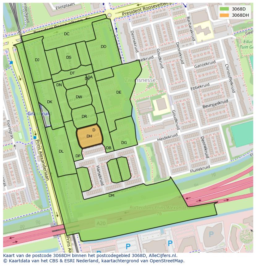 Afbeelding van het postcodegebied 3068 DH op de kaart.