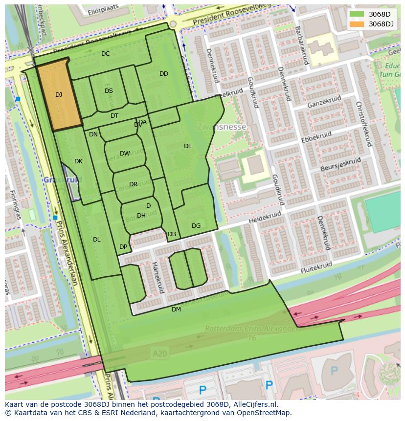 Afbeelding van het postcodegebied 3068 DJ op de kaart.