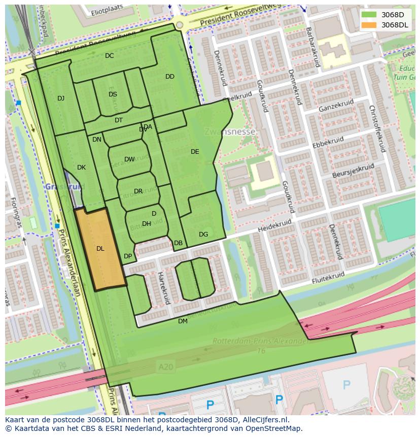 Afbeelding van het postcodegebied 3068 DL op de kaart.