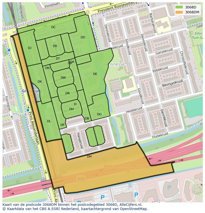 Afbeelding van het postcodegebied 3068 DM op de kaart.