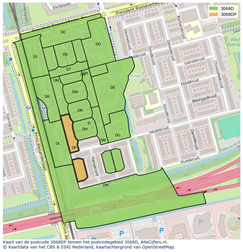 Afbeelding van het postcodegebied 3068 DP op de kaart.