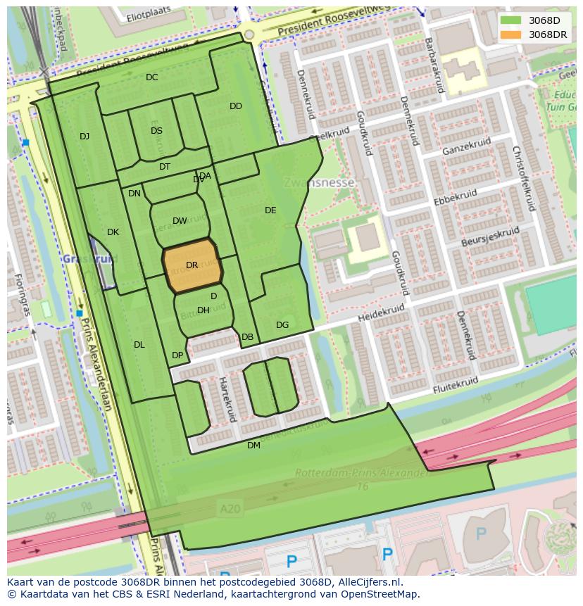 Afbeelding van het postcodegebied 3068 DR op de kaart.