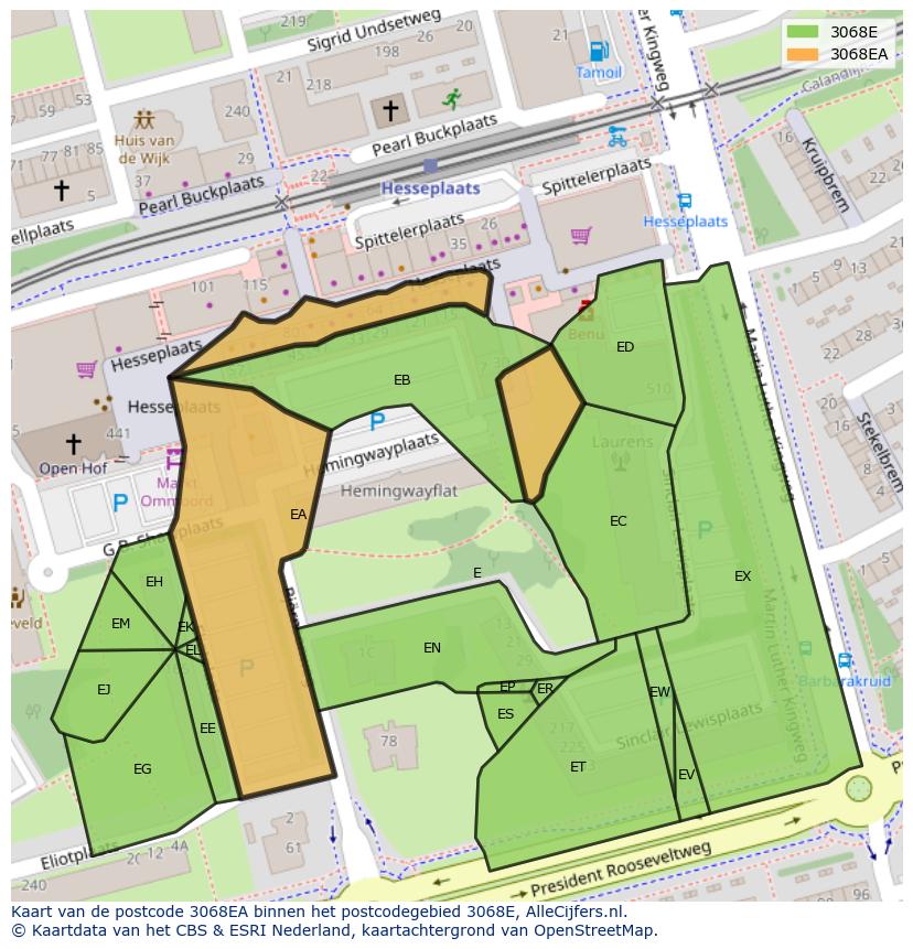 Afbeelding van het postcodegebied 3068 EA op de kaart.