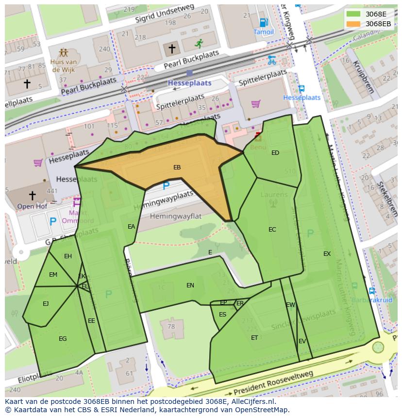 Afbeelding van het postcodegebied 3068 EB op de kaart.