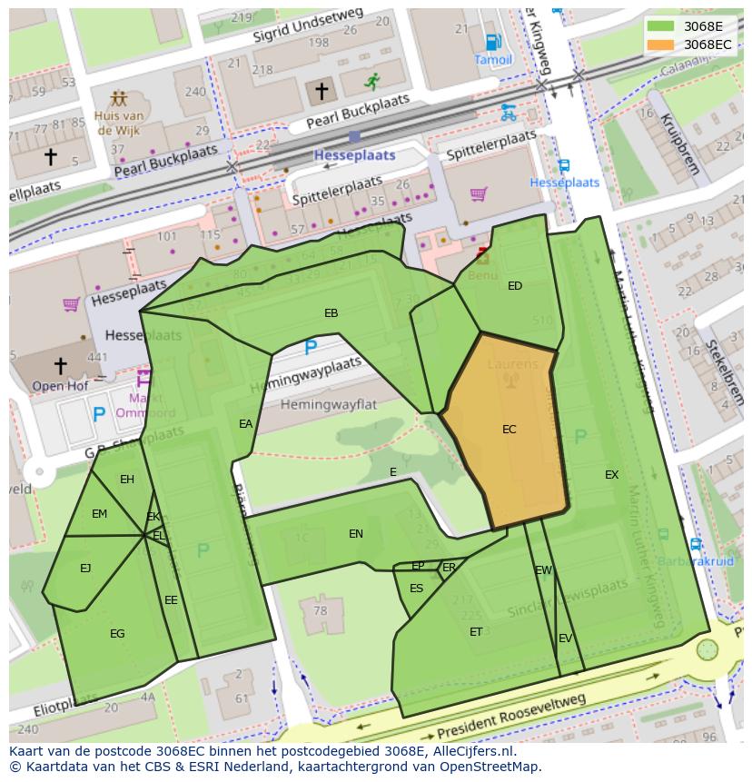 Afbeelding van het postcodegebied 3068 EC op de kaart.