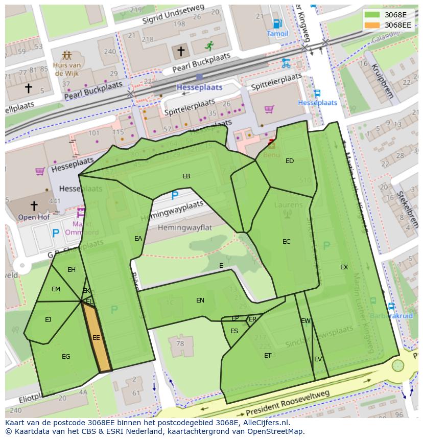 Afbeelding van het postcodegebied 3068 EE op de kaart.