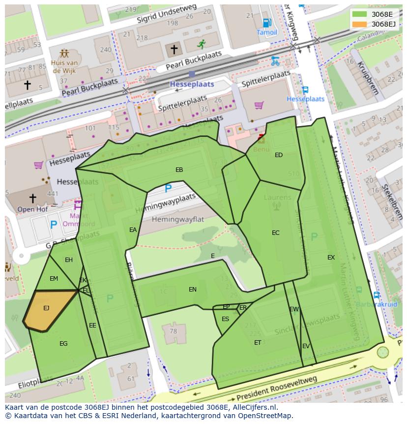 Afbeelding van het postcodegebied 3068 EJ op de kaart.