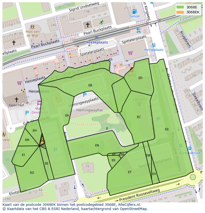 Afbeelding van het postcodegebied 3068 EK op de kaart.