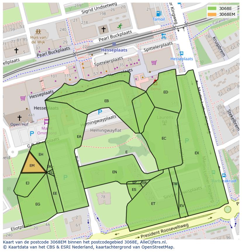 Afbeelding van het postcodegebied 3068 EM op de kaart.