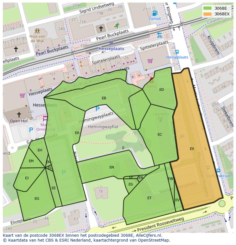 Afbeelding van het postcodegebied 3068 EX op de kaart.