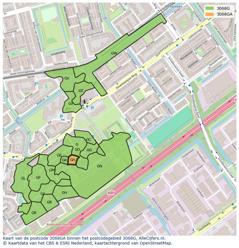 Afbeelding van het postcodegebied 3068 GA op de kaart.