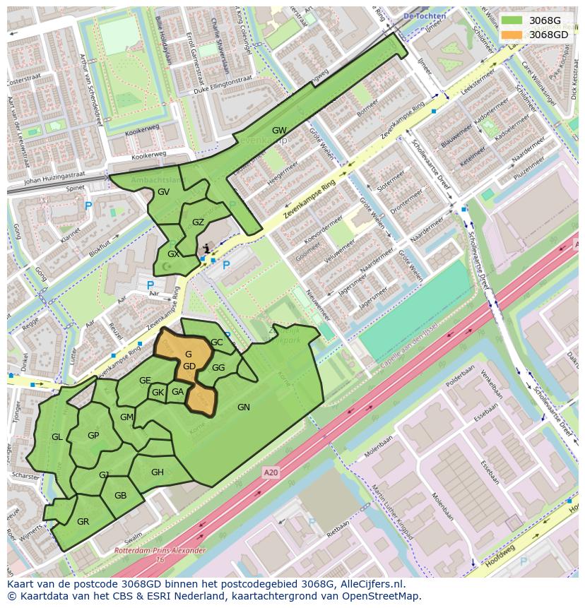Afbeelding van het postcodegebied 3068 GD op de kaart.