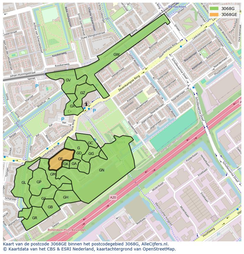 Afbeelding van het postcodegebied 3068 GE op de kaart.