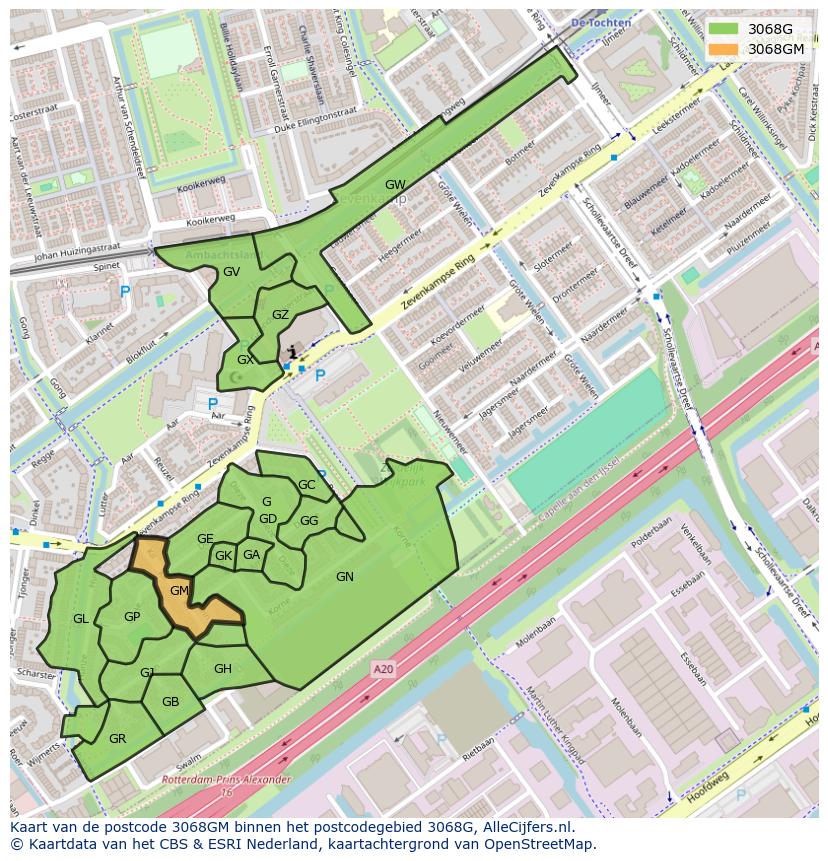 Afbeelding van het postcodegebied 3068 GM op de kaart.