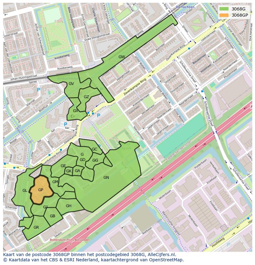 Afbeelding van het postcodegebied 3068 GP op de kaart.