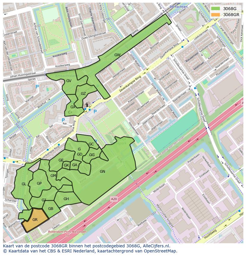 Afbeelding van het postcodegebied 3068 GR op de kaart.