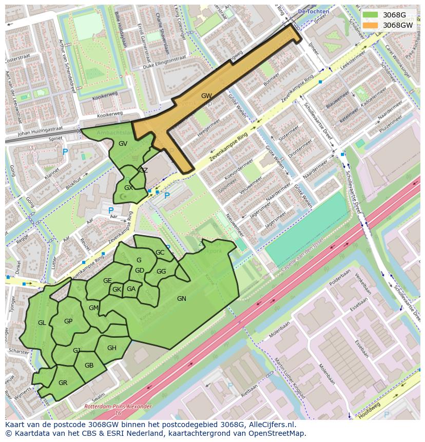 Afbeelding van het postcodegebied 3068 GW op de kaart.