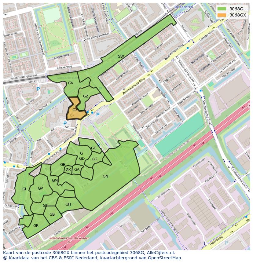 Afbeelding van het postcodegebied 3068 GX op de kaart.