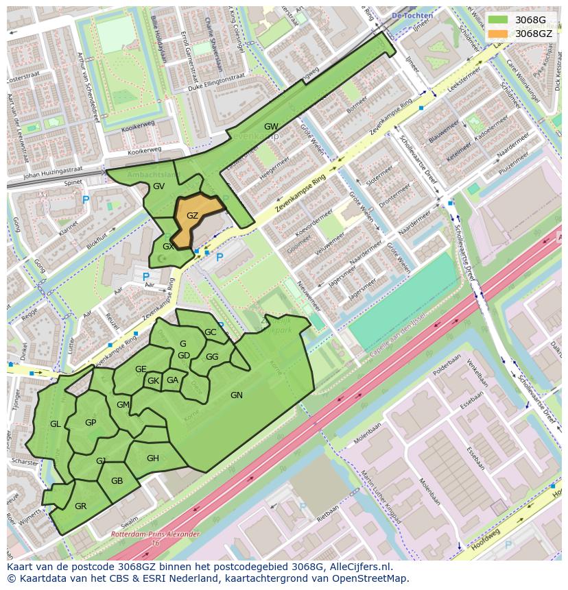 Afbeelding van het postcodegebied 3068 GZ op de kaart.