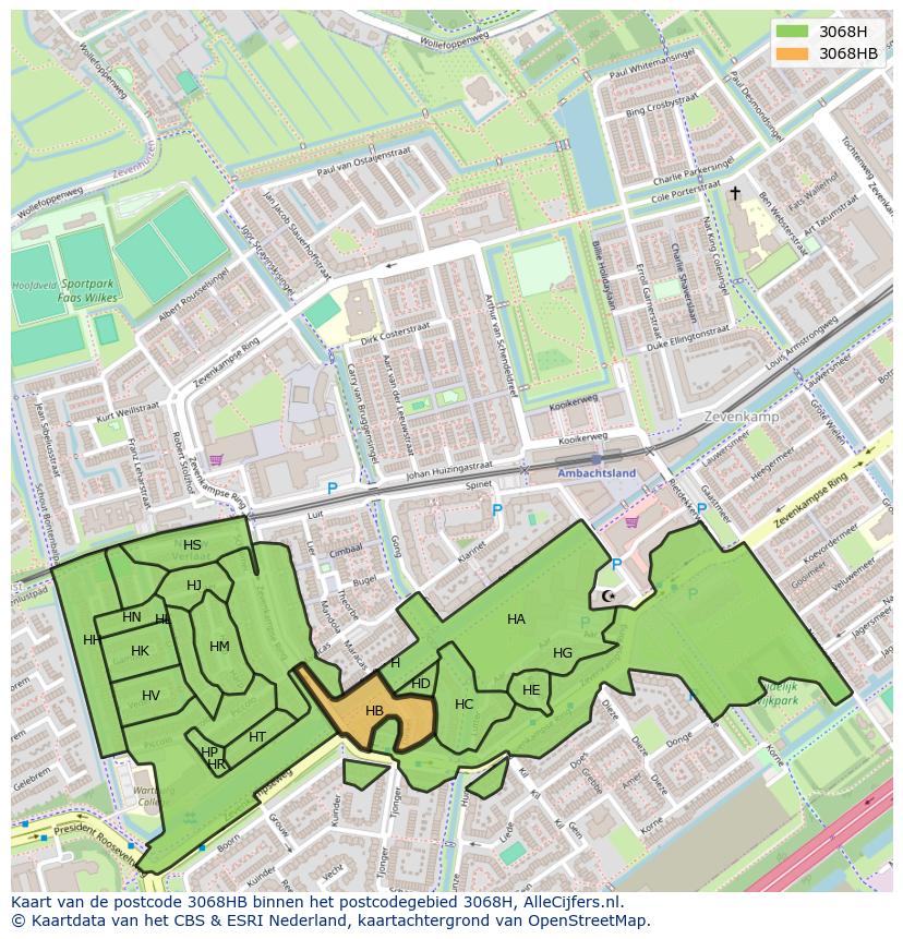Afbeelding van het postcodegebied 3068 HB op de kaart.