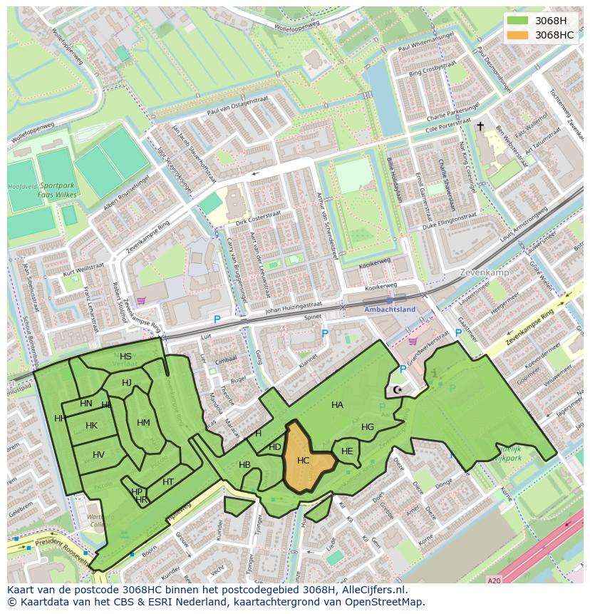 Afbeelding van het postcodegebied 3068 HC op de kaart.