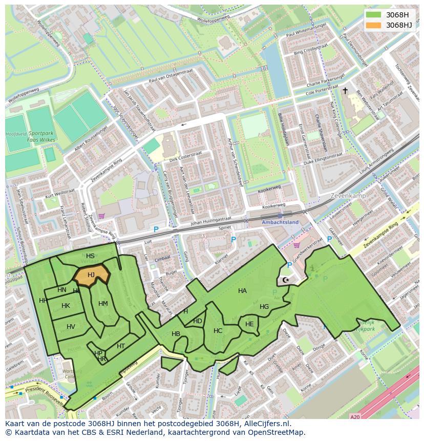 Afbeelding van het postcodegebied 3068 HJ op de kaart.