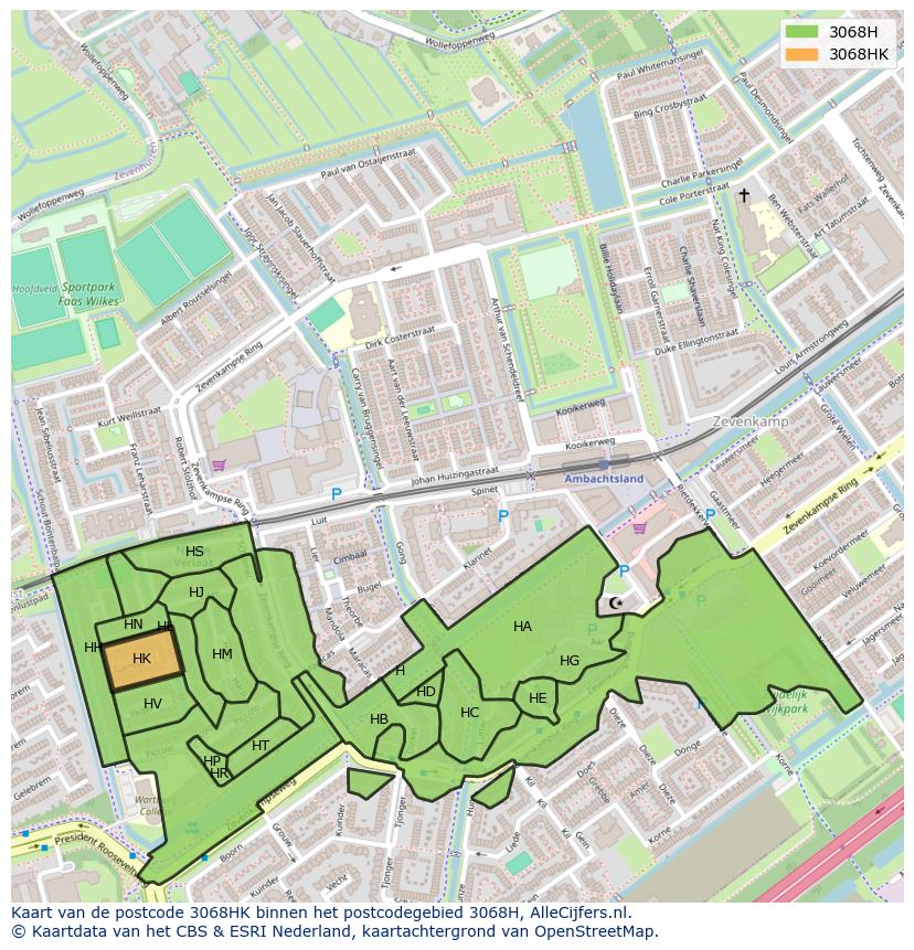 Afbeelding van het postcodegebied 3068 HK op de kaart.
