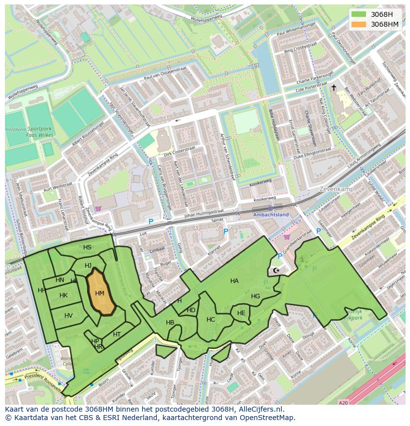 Afbeelding van het postcodegebied 3068 HM op de kaart.