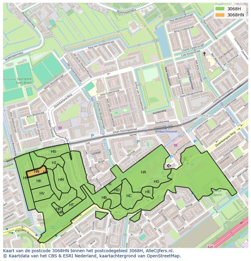 Afbeelding van het postcodegebied 3068 HN op de kaart.