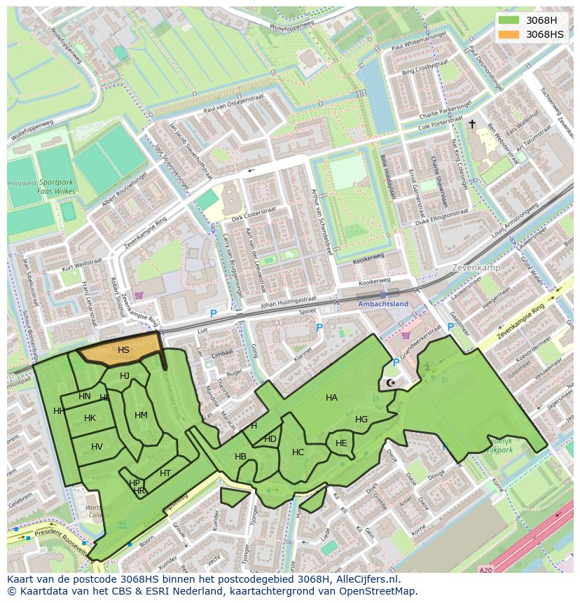 Afbeelding van het postcodegebied 3068 HS op de kaart.