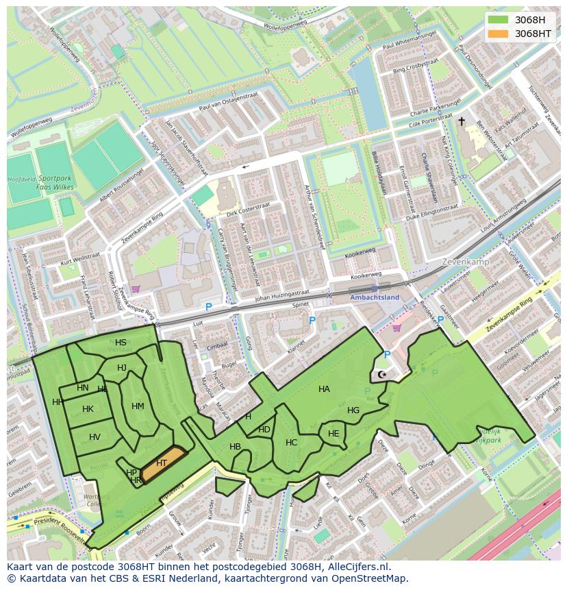 Afbeelding van het postcodegebied 3068 HT op de kaart.