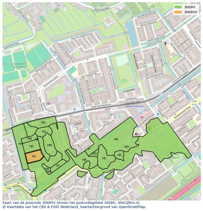 Afbeelding van het postcodegebied 3068 HV op de kaart.