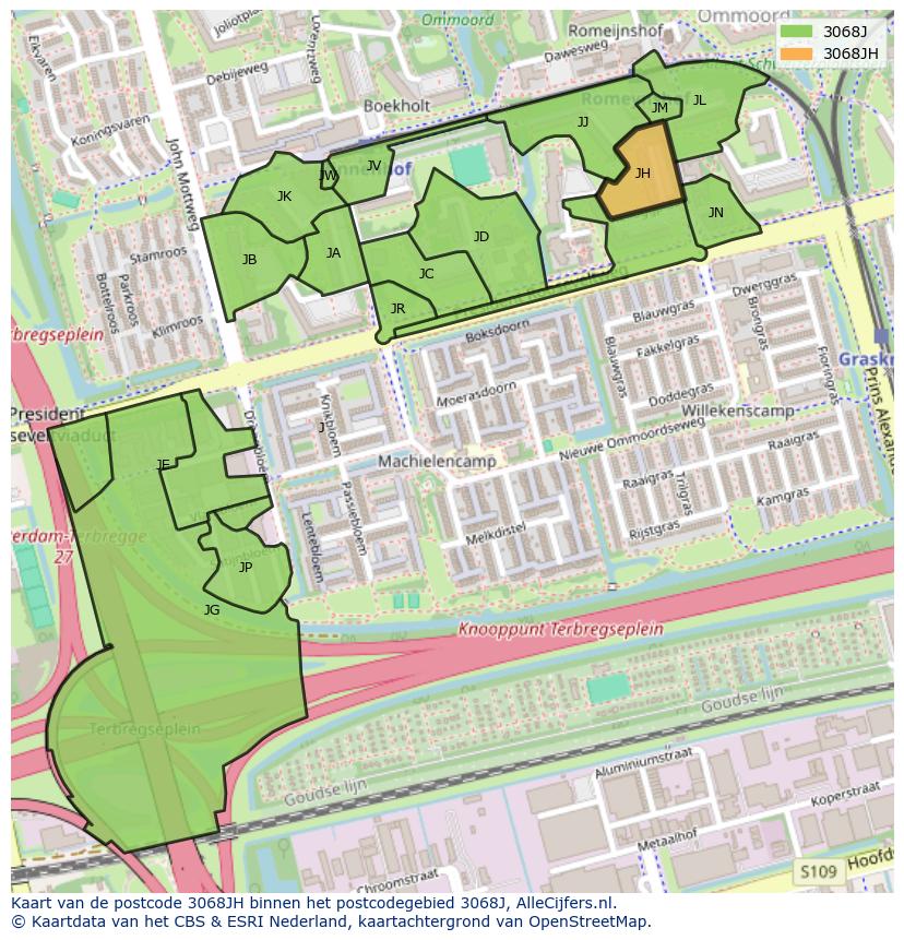 Afbeelding van het postcodegebied 3068 JH op de kaart.