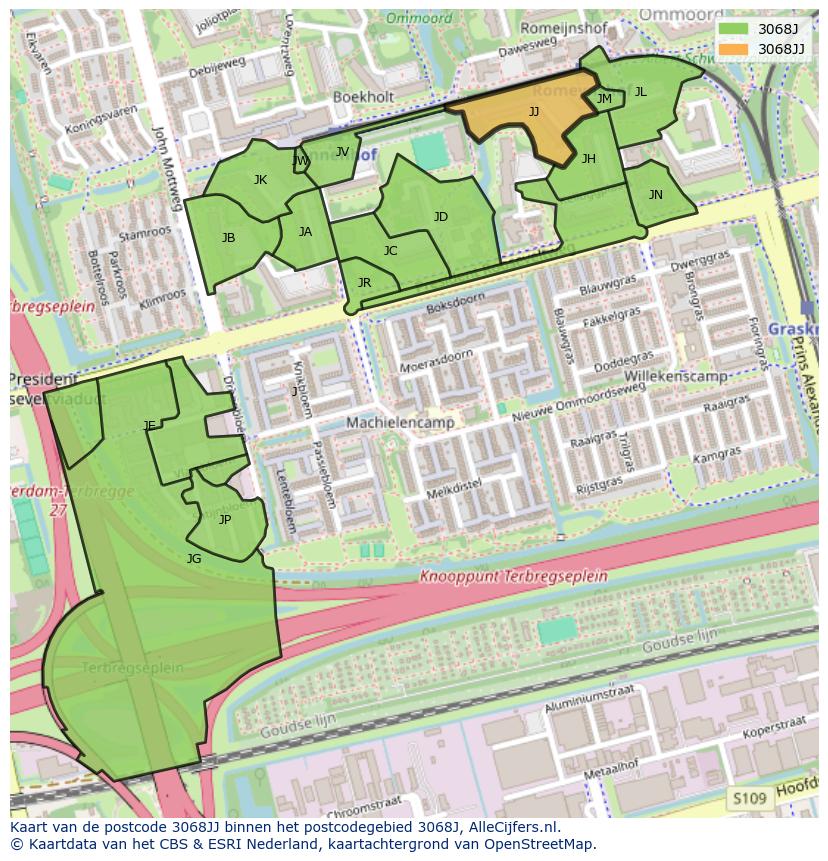 Afbeelding van het postcodegebied 3068 JJ op de kaart.