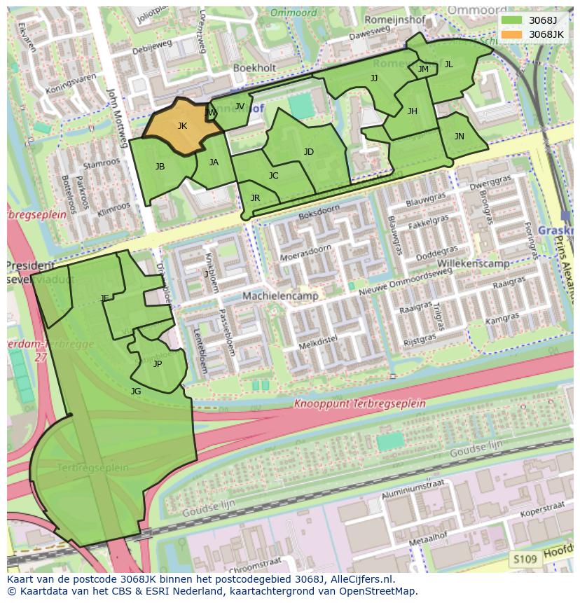 Afbeelding van het postcodegebied 3068 JK op de kaart.