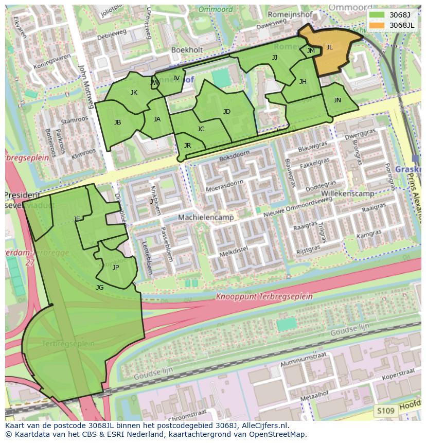 Afbeelding van het postcodegebied 3068 JL op de kaart.