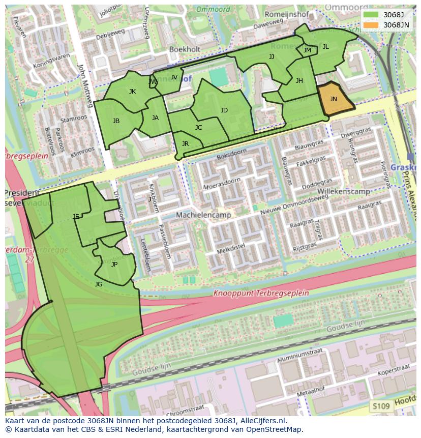 Afbeelding van het postcodegebied 3068 JN op de kaart.