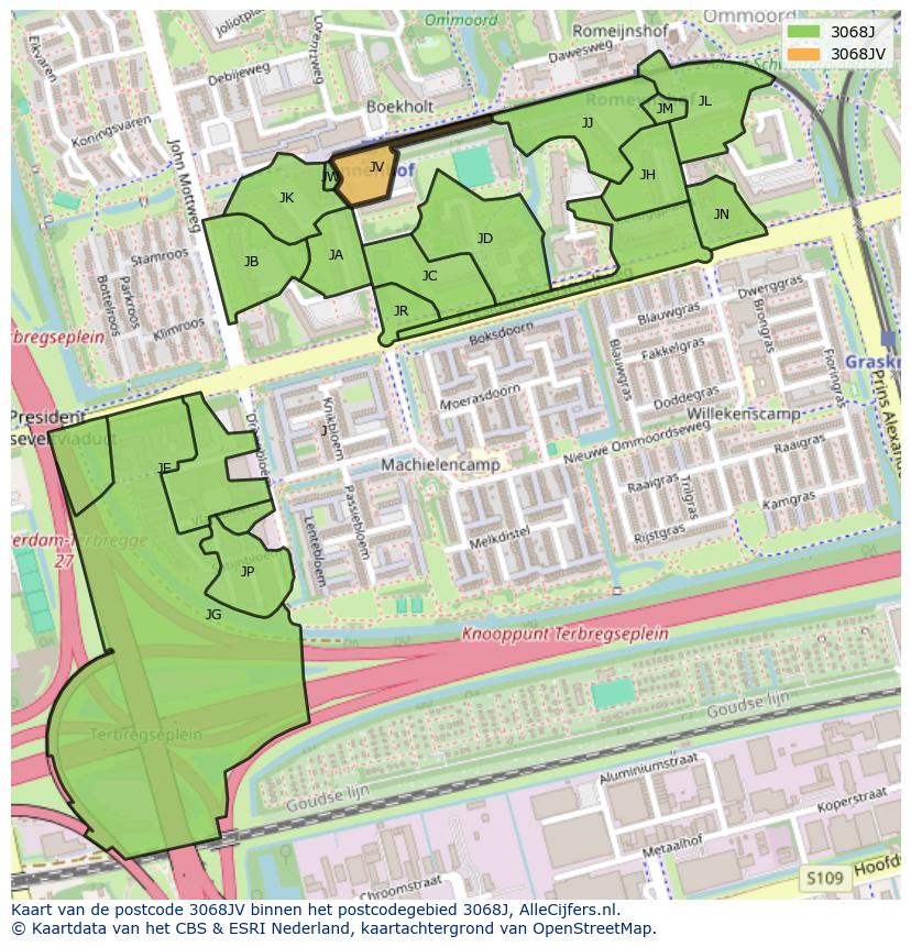 Afbeelding van het postcodegebied 3068 JV op de kaart.
