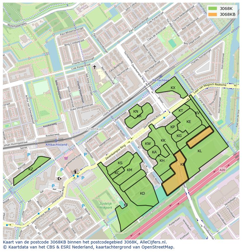 Afbeelding van het postcodegebied 3068 KB op de kaart.