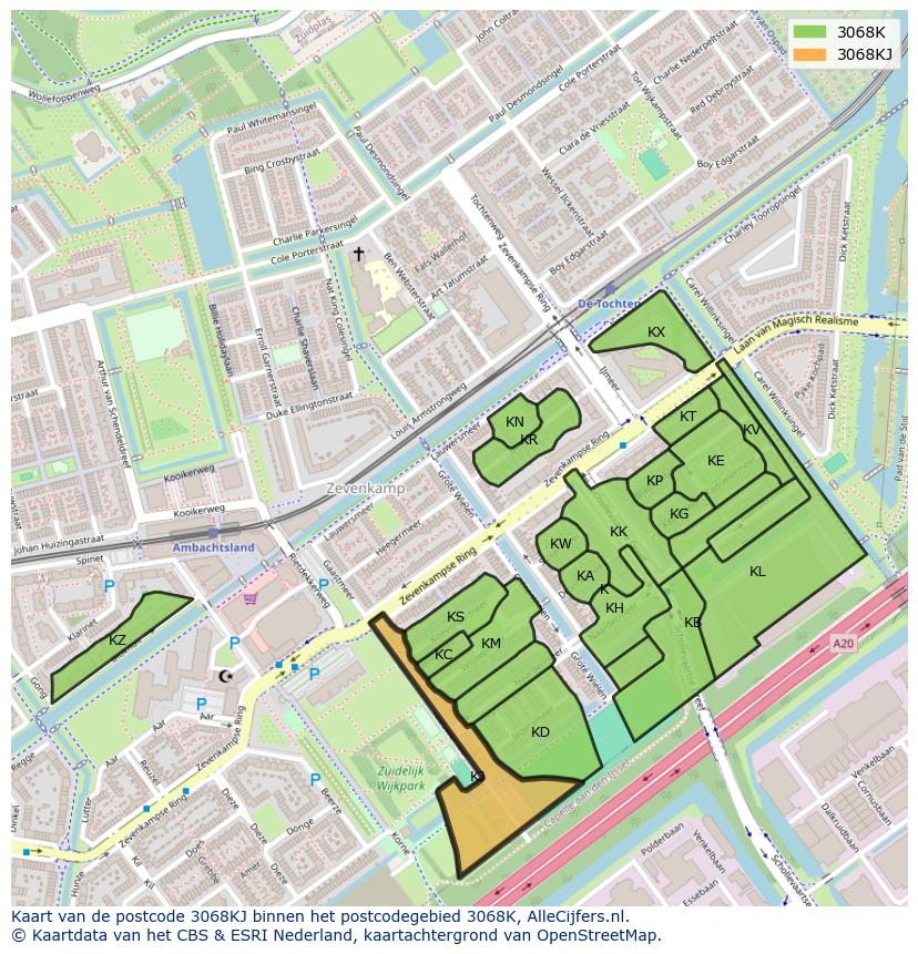 Afbeelding van het postcodegebied 3068 KJ op de kaart.