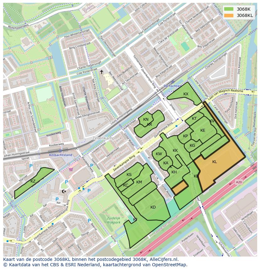 Afbeelding van het postcodegebied 3068 KL op de kaart.