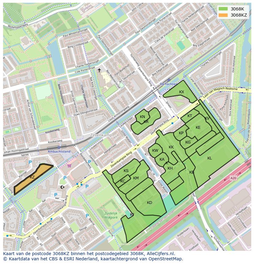 Afbeelding van het postcodegebied 3068 KZ op de kaart.