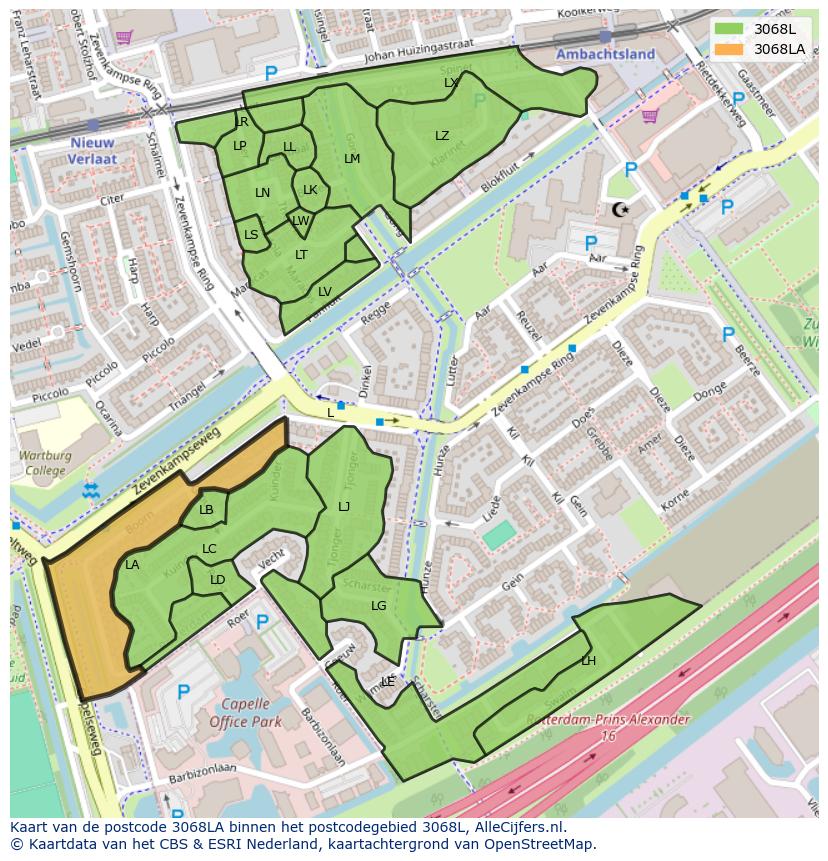 Afbeelding van het postcodegebied 3068 LA op de kaart.