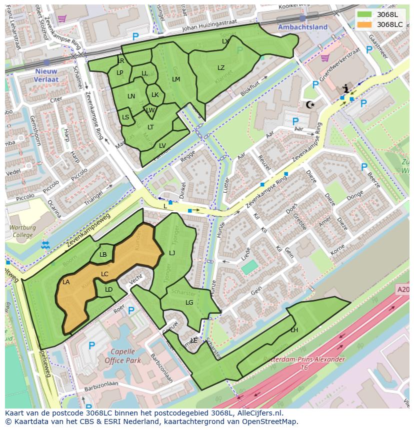Afbeelding van het postcodegebied 3068 LC op de kaart.