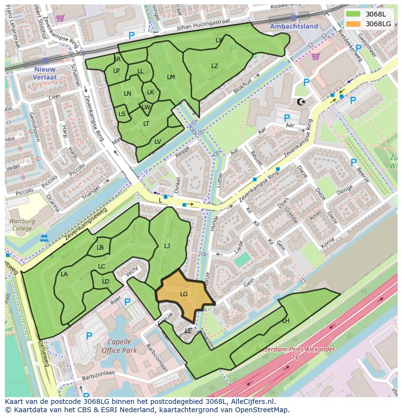 Afbeelding van het postcodegebied 3068 LG op de kaart.