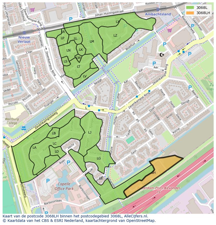 Afbeelding van het postcodegebied 3068 LH op de kaart.