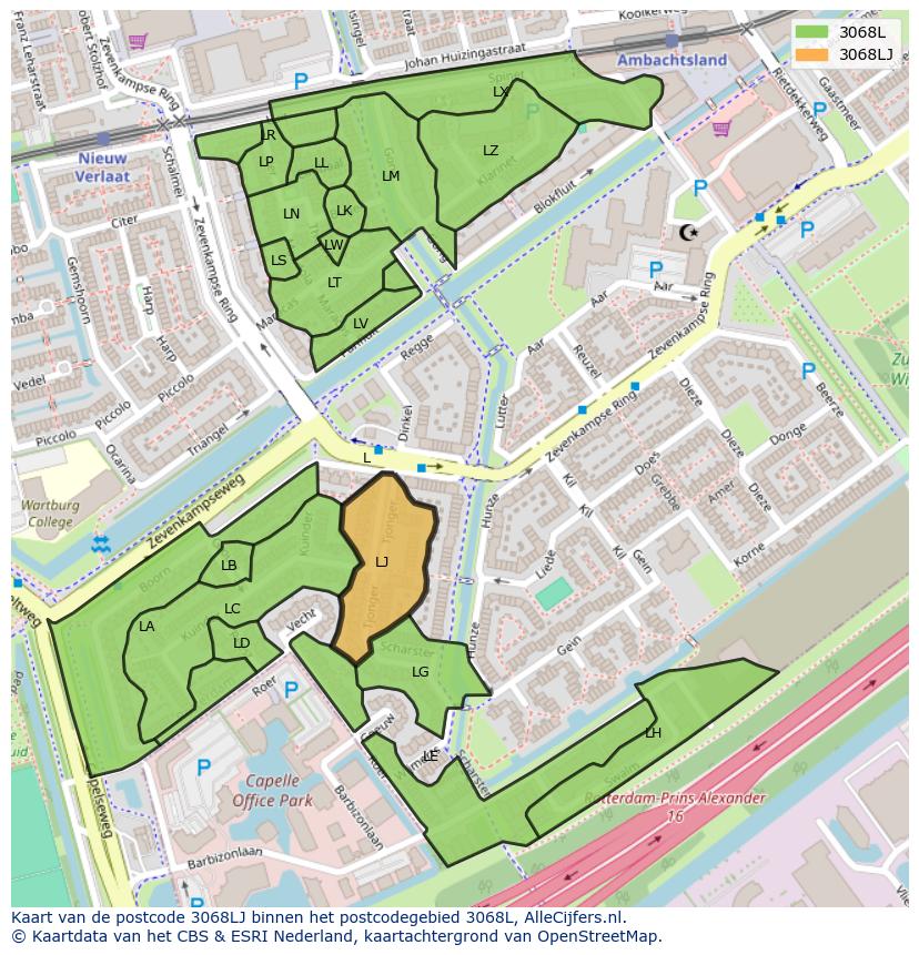 Afbeelding van het postcodegebied 3068 LJ op de kaart.