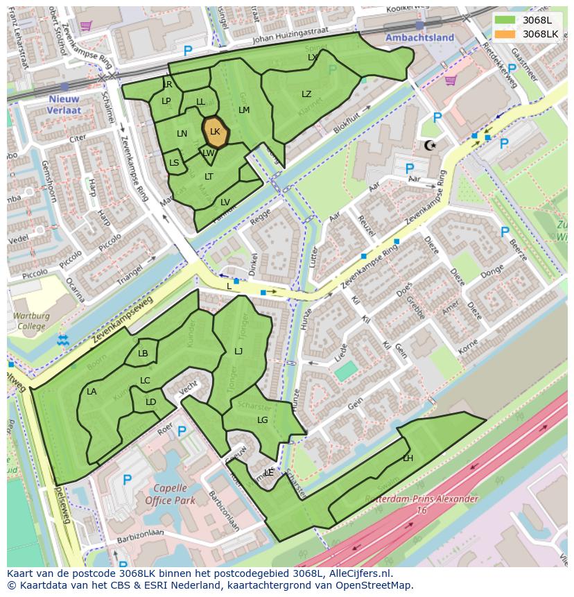 Afbeelding van het postcodegebied 3068 LK op de kaart.