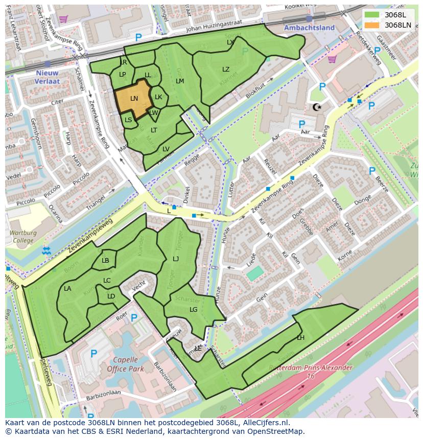 Afbeelding van het postcodegebied 3068 LN op de kaart.